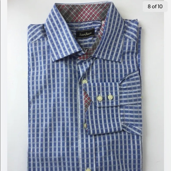 Nieman Marcus Men Long Sleeve Dress Shirt Blue White Check Medium Cotton - Picture 1 of 10